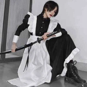 Women Maid Outfit Long Dress Apron Dress Lolita Dresses Men Clothes Unisex Cafe - Picture 1 of 25