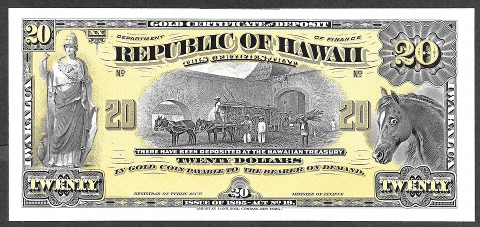 1895 Republic of Hawaii - 1895 $20.00 Gold Certificate - ABNC Proof Print - Image 1 of 1