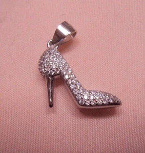 Solid 925 Sterling Silver Pave Setting Clear CZ Stiletto High Heel Pump Pendant - Picture 1 of 7