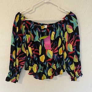 Top corto de mujer Tabitha marrón con estampado de limón Bardot al hombro talla pequeña nuevo con etiquetas - Imagen 1 de 8