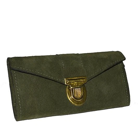 Olive Green Suede Leather Wallet – Classic Envelope Design - Image 1 of 4