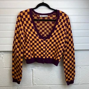 Cárdigan Suéter Zara Púrpura Naranja Cuadros Difusos Botones Talla L - Imagen 1 de 11