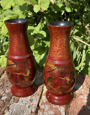 Pair of Japanese Lacquered Wooden Hand Decorated Vases