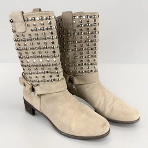 Stivali da motociclista Stuart Weitzman argento borchie moto scamosciati neutri BOHO 9 M - Foto 1 di 11