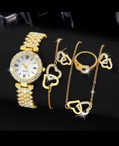 6pcs Quartz Womens Rhinestone Watch & Heart Shape Bracelet& Necklace, Earrings. - Picture 1 of 8