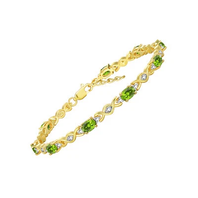 RYLOS PERIDOT & DIAMOND TENNIS BRACELET YELLOW GOLD PLATED SILVER 7-8"  - Image 1 of 4