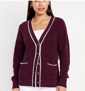 Old Navy NWT Button Up Cardigan Pocket Varsity Cardi Cherry Bar Womenas Size L - Picture 1 of 19