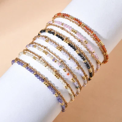 Gold Tone Layered Chain Bracelet Women Stainless Steel Beaded Zircon Jewelry - Image 1 of 4