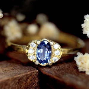 Certified Natural Untreated Ceylon Blue Sapphire Natural Diamond 18K Gold Ring - Picture 1 of 4