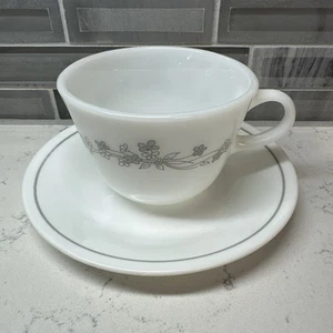 VTG Corning Gray Ribbon Bouquet Milk Glass 8oz Coffee/Tea Cup w/Saucer USA EUC! - Picture 1 of 12