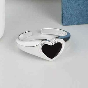 Silver Ring, Adjustable Rings, Black Heart Ring, Gift Rings, Women's Open Rings - Picture 1 of 4