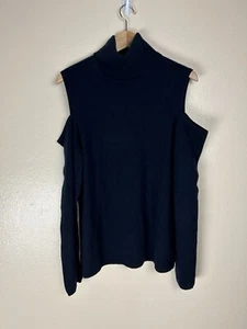 Magaschoni XL 100% Pure Cashmere Sweater Pullover Navy Blue Cut Out Turtleneck - Picture 1 of 4