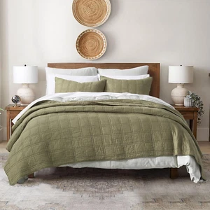 100% Cotton Quilt King Size Olive Green Bedspread, Pre-Washed 3-Piece Cozy Light - Picture 1 of 7