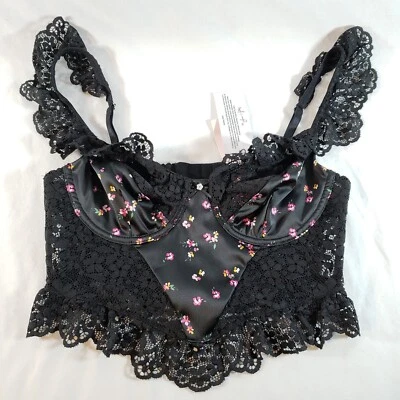 Victoria's Secret For Love and Lemons Pansy Bustier Pequeno DD Preto Floral Cetim - Imagem 1 de 4