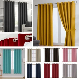 Thermal Blackout Curtains Eyelet Top Pair with Tiebacks UK Fast Dispatch - Picture 1 of 82