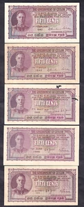 Ceylon P-45 a & b. 50 Cents : 1942 x 2 (Feb & July), 1946, 1948 & 1949. 5 Notes - Imagen 1 de 2