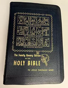 Catholic Holy Bible 1954 GOLD Family Rosary Edition DK Blue Leather Illustrated - Foto 1 di 24