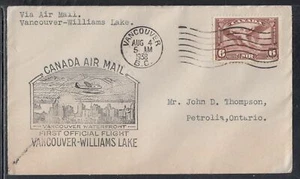 Canadá FFC - 4 de agosto de 1938 Vancouver a Williams Lake, BC - Imagen 1 de 1