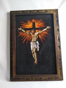 Vintage gerahmtes Samt Gemälde Jesus Kreuz Bild 21x15" mit Rahmen Kreuzigung - Bild 1 von 9