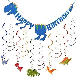 NEW Dinosaur Happy Birthday" Banner & 15 Pre-Assembled Dino & Swirl Decorations - Picture 1 of 9