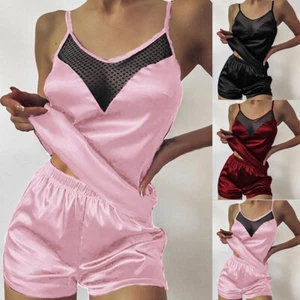 Women Satin Silk Pajamas Set Strappy Vest Tops Shorts Panties Underwear Lingerie - Picture 1 of 15