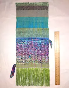NEW Artist Weaving Wall Hanging 19 x 7.5" Handmade Purple Turquoise Green Textur - Picture 1 of 10