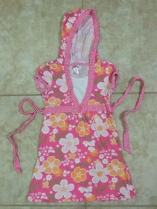 ☀️ Girls JUSTICE Pink White Flower Top Shirt Tunic w/Ties Hood Short Sleeve XS 8 - Picture 1 of 3