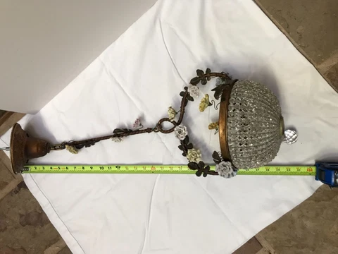 antique vintage Czech beaded glass small basket chandelier porcelain flowers Cover