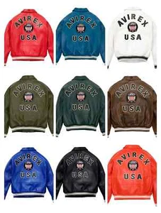 Avirex Men's Real Leather Jacket Sheepskin Flight Bomber American Varsity Jacket - Picture 1 of 43