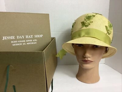 1960’s Cloche Straw Hat Genevieve Original from Jessie Day Green Roses A1 - Image 1 of 4
