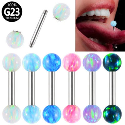 14g Opal G23 Titanium 16/19/22mm Tongue Bar Nipple Ring Barbell Piercing Jewelry - Image 1 of 4