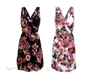 NEW LADIES SUMMER DRESS WEDDING FLORAL PRINT BLACK WHITE CROSSOVER STYLE 8 12 16 - Picture 1 of 6