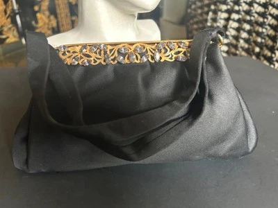 Vtg 1940s Black Pleated Satin Prong Set Charcoal Rhinestones Evening Purse Italy - Image 1 of 4