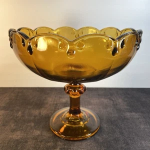 INDIANA GLASS-AMBER-TEARDROP-PEDESTAL-BOWL COMPOTE W/SCALLOPED RIM MCM GORGEOUS - Picture 1 of 11