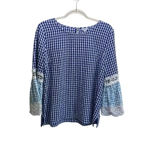 Top Crown Ivy para mujer XL azul guinga a cuadros volantes ojales playa cottagecore - Imagen 1 de 9