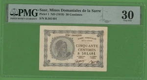 SAAR  50 CENTIMES  ( 1919 ) PICK # 1  PMG 30 VERY FINE. - Picture 1 of 2