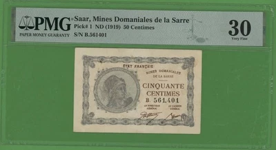 SAAR  50 CENTIMES  ( 1919 ) PICK # 1  PMG 30 VERY FINE. - Image 1 of 2