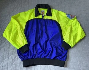 Vintage 80s Hotdogger Windbreaker Color Block Neon Yellow Blue Jacket Unisex XL - Picture 1 of 4