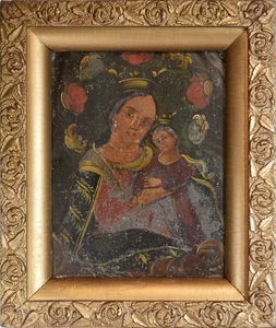 Antiker Retablo 19. Jh. - Mexiko - Maria Jesus - Gemälde auf Zinn - vergoldeter Holzrahmen - Bild 1 von 16