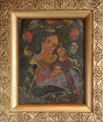 19th C Antique Retablo - Mexico - Mary Jesus - Painting on Tin - Gilt Wood Frame - Image 1 of 4