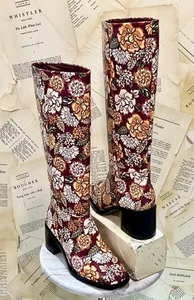 Anthropologie Larroude Ricky Tall Boot Wine Brown Ikebana Floral Patent 7.5 NEW - Picture 1 of 7