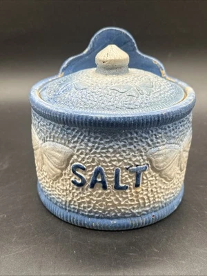 Antique Blue & White Salt Glaze Salt Crock Butterfly Pattern Farmhouse Decor - Image 1 of 4