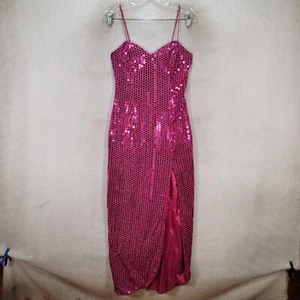 Vintage 90er Roberta rosa Pailletten V-Ausschnitt sexy Schlitz figurbetont Midi Damen Kleid Größe 4 - Bild 1 von 21