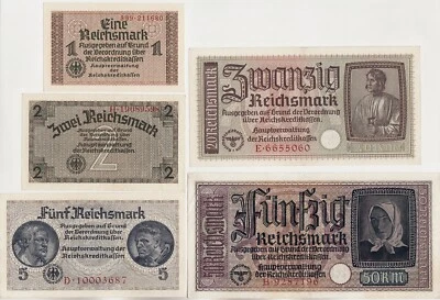 GERMANY Set 5 Notes: 1, 2, 5, 20, 50 REICHSMARK 1939-45. XF - aUNC. P#R136 - 140 - Image 1 of 2