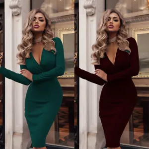 Mini Dress Party Cocktail Womens Club Long Sleeve V Neck Bodycon Evening Casual - Picture 1 of 19