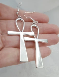 Big ANKH cross Earrings Key of Life Large Vintage silver tone Dangle in Gift Bag - Picture 1 of 7