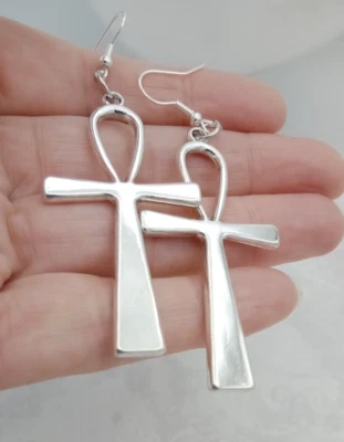 Big ANKH cross Earrings Key of Life Large Vintage silver tone Dangle in Gift Bag - Image 1 of 4