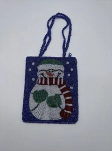 Vintage Small Beaded Blue Christmas Snowman Purse Zippered Party Gift Girl - Picture 1 of 5