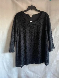 NWT CJ Banks Women's Lined Black Stretchy Lace Pull Over Top 3/4 Sleeve size 1X - Picture 1 of 6