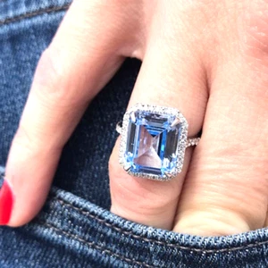 950 Platinum 6.05 Ct Emerald Cut Blue Sapphire in Lab Grown Diamond Wedding Ring - Picture 1 of 10